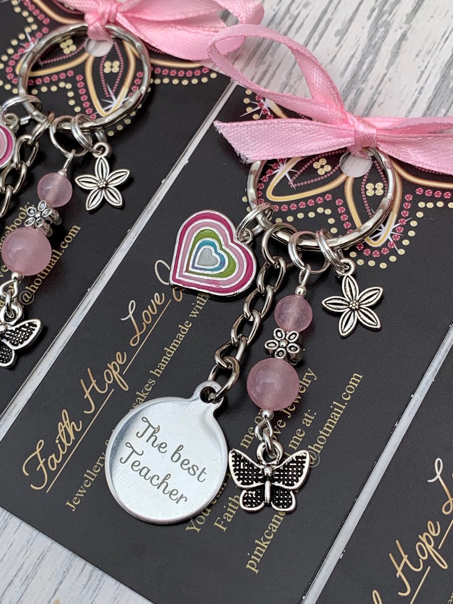 Butterfly Gemstone Rose Quartz THE BEST TEACHER Keyring Teacher Gift 