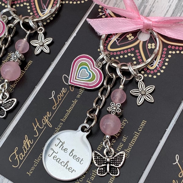 Butterfly Gemstone Rose Quartz THE BEST TEACHER Keyring Teacher Gift 