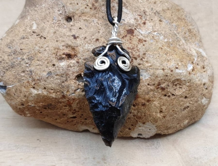 Obsidian Arrowhead necklace. Unisex Copper Wire wrapped pendant