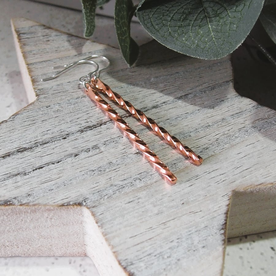 Earrings, Sterling Silver & Copper Spiral Twist Droppers