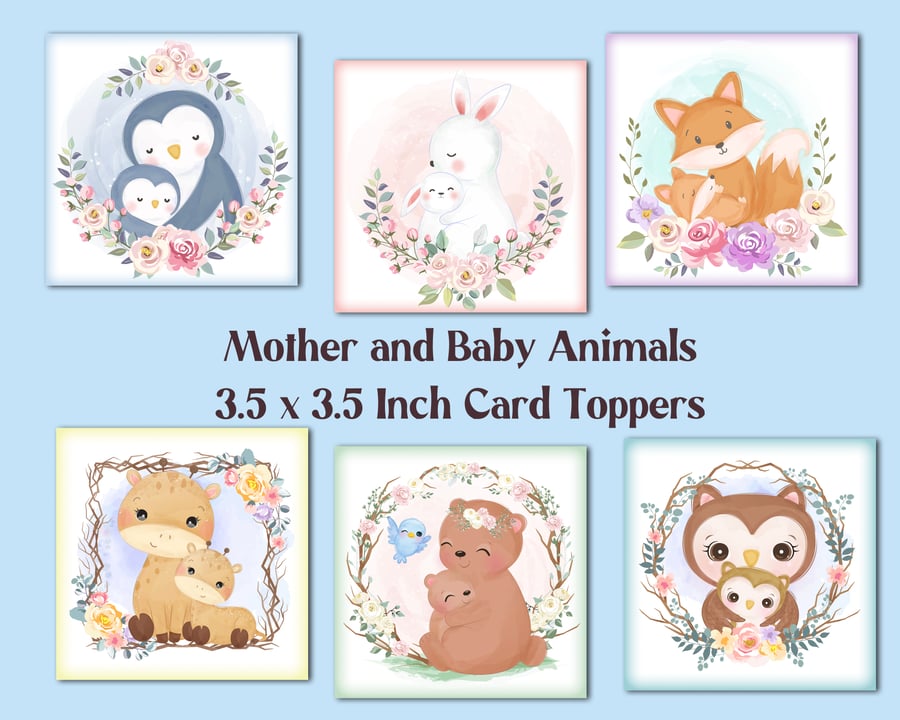 Mother and Baby Animals Square Card Toppers Card Making, Tags, Mother's Day