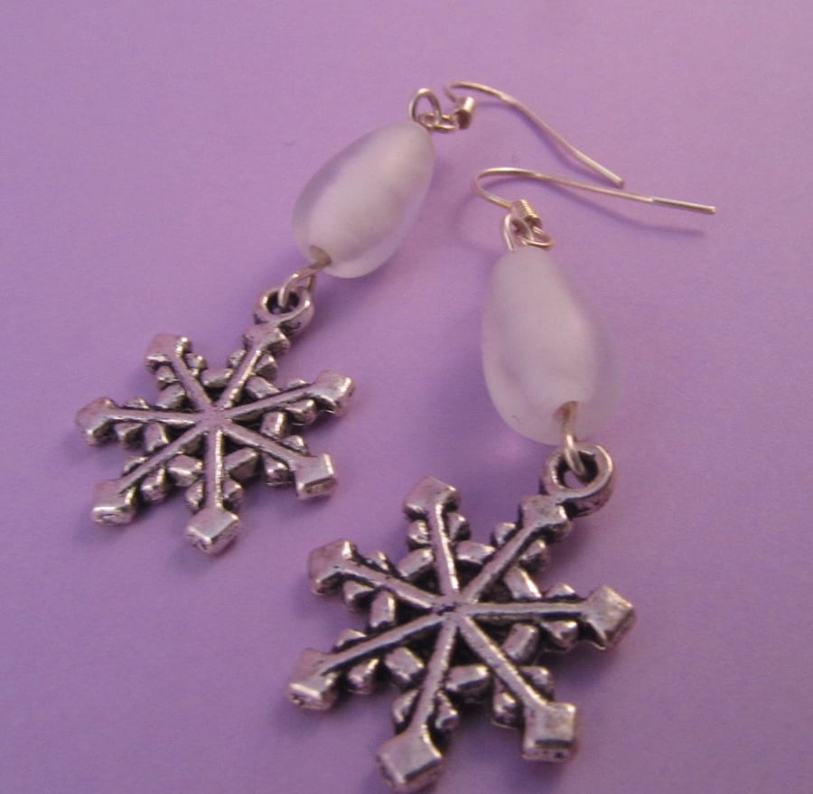 White Glass Snowflake  Earrings