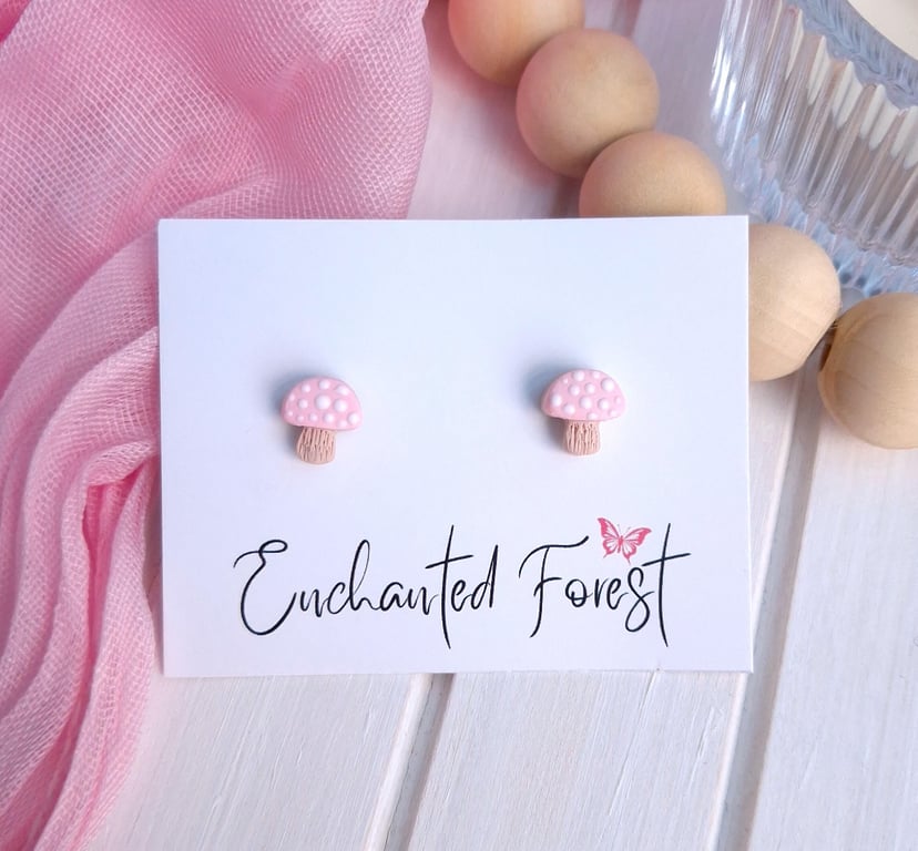 Reduced to Clear, Pink Mushroom Stud Earrings, Cottagecore Jewellery