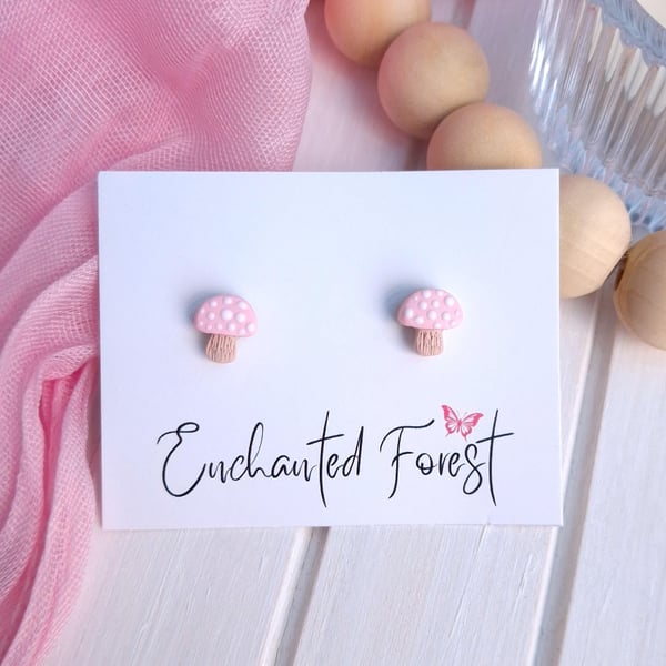 Reduced to Clear, Pink Mushroom Stud Earrings, Cottagecore Jewellery