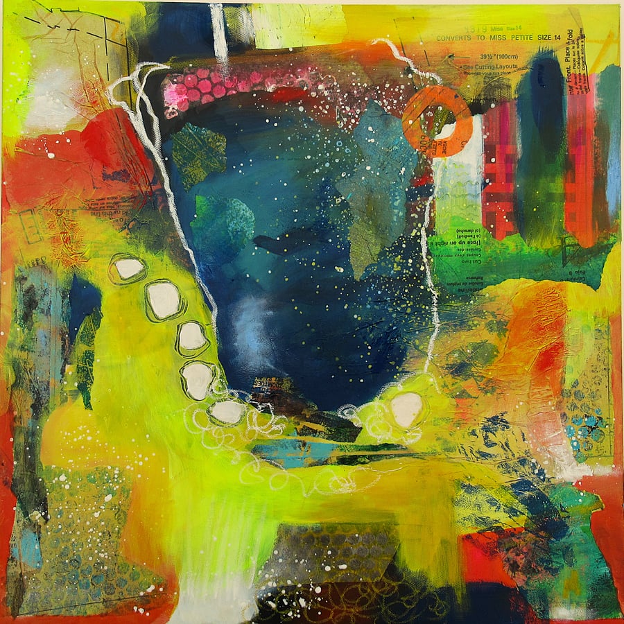 Abstract Coastal Painting Large Boats Harbour Themed Mixed Media 19x19 Inch