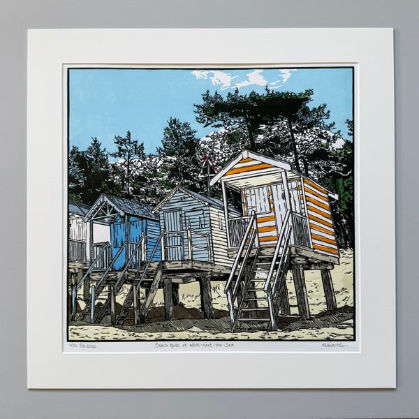Beach Huts at Wells-next-the-Sea - Original Linocut Print