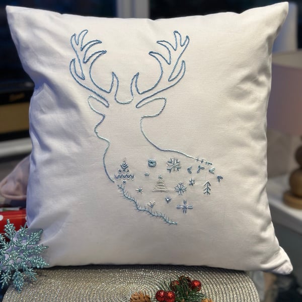 Christmas cushion cover, reindeer with cascading icy white blue and silver