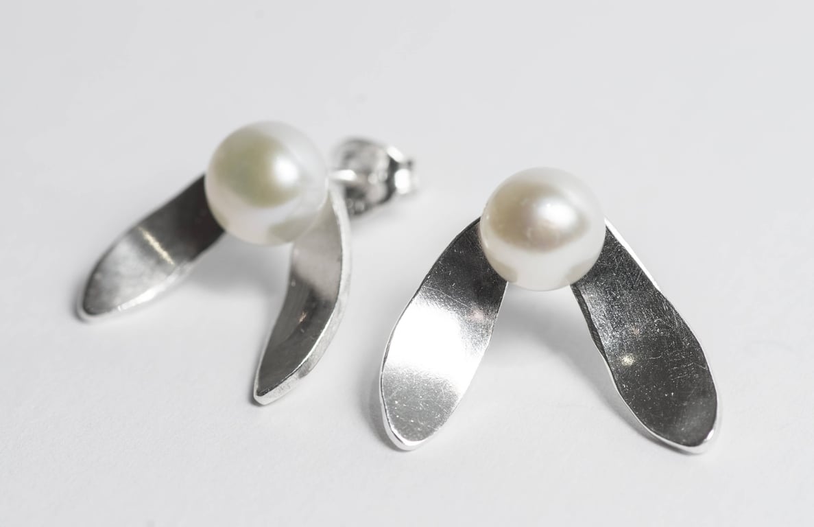 Mistletoe Sterling Silver Earrings with Pearls, Unique Handmade gift for Her