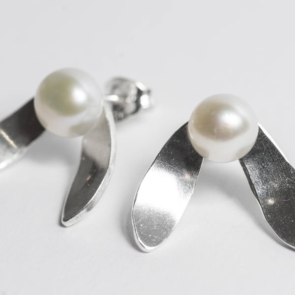 Mistletoe Sterling Silver Earrings with Pearls, Unique Handmade gift for Her