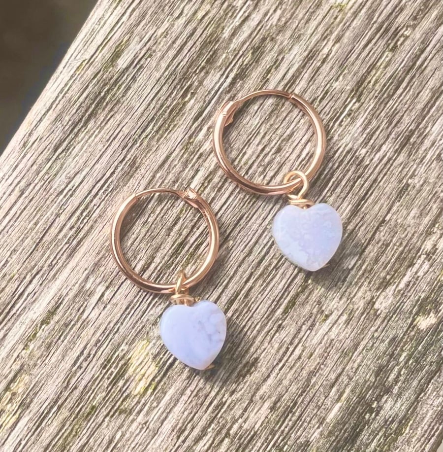9ct  Rose Gold 12mm Hoop Earrings with Blue Lace Agate Hearts 