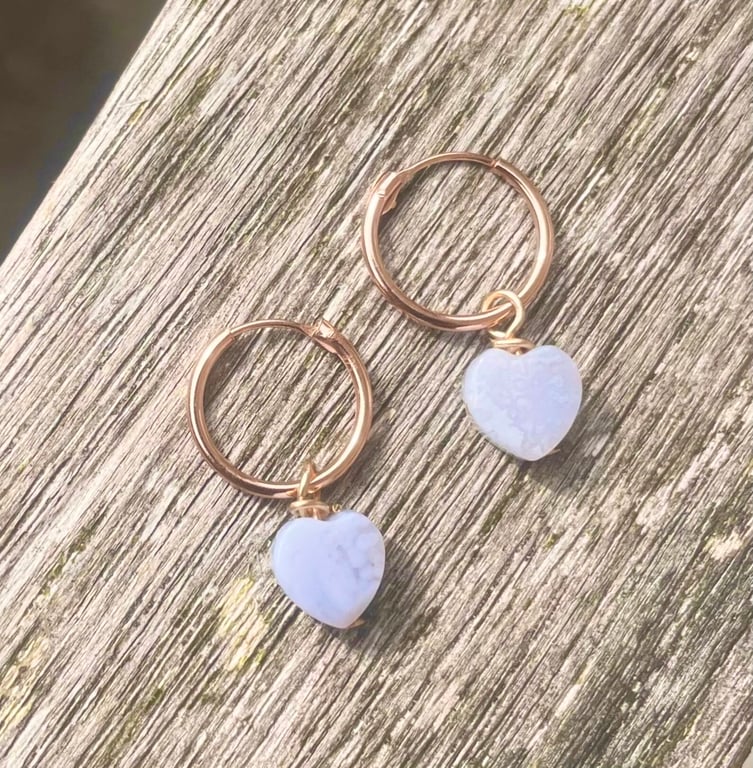 9ct  Rose Gold 12mm Hoop Earrings with Blue Lace Agate Hearts 