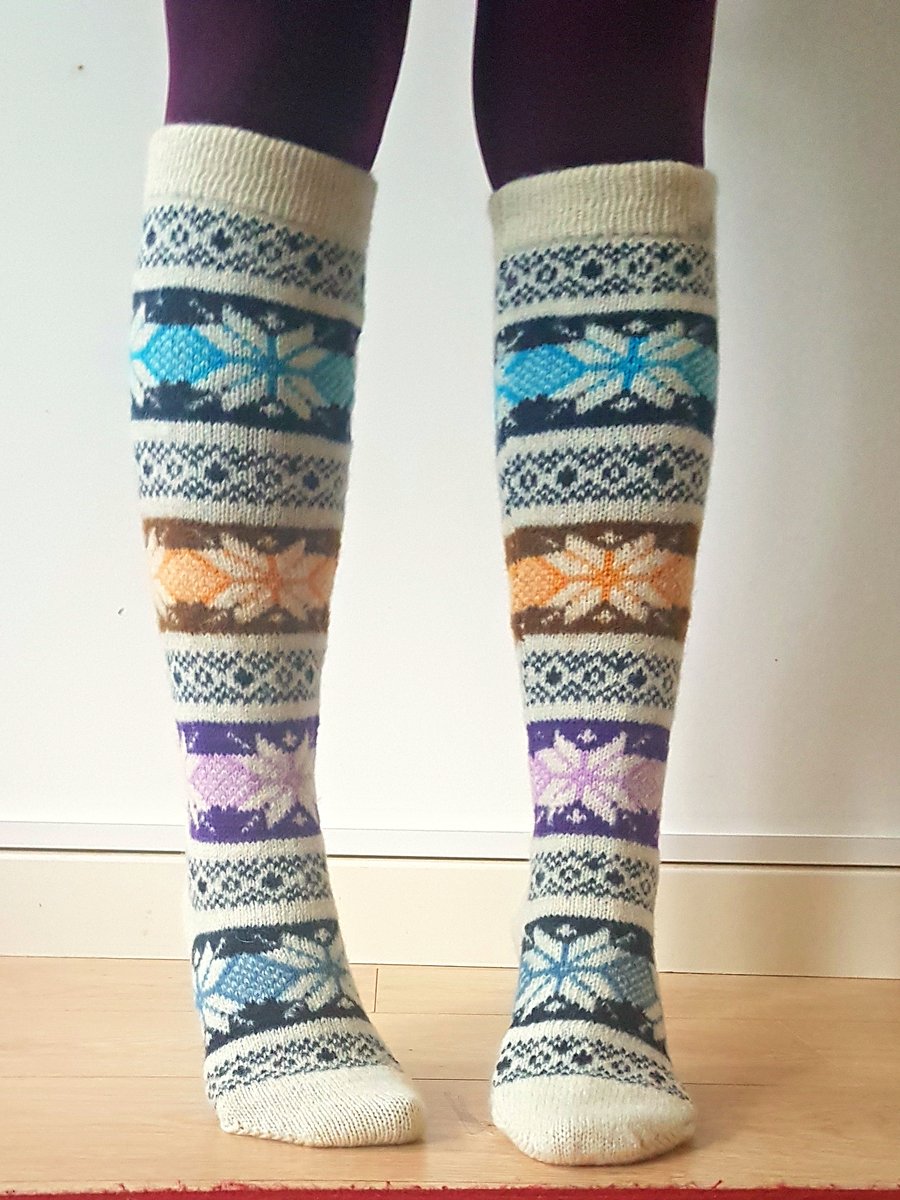 READY TO SHIP Knee Length Wool Socks Traditional Christmas Star Fair Isle