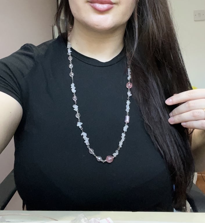 Vintage Pink Clear Crystal Chip Necklace - Pastel Glass Bead Long Strand Jewelry