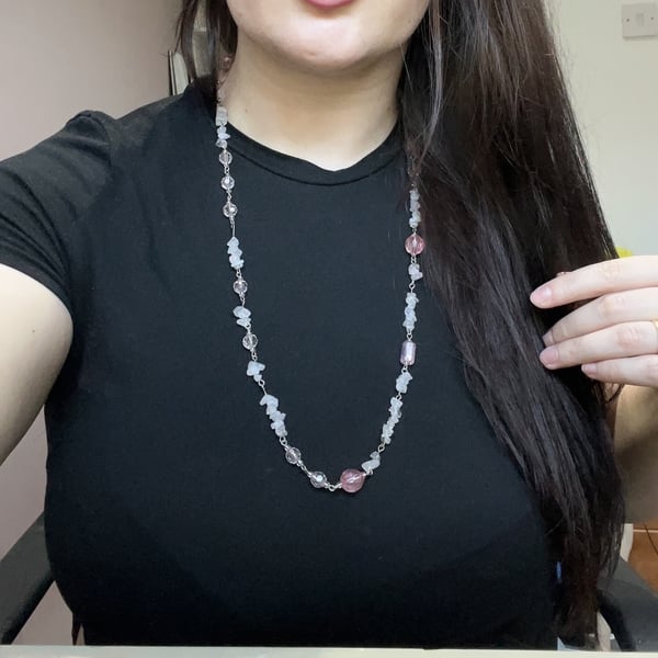 Vintage Pink Clear Crystal Chip Necklace - Pastel Glass Bead Long Strand Jewelry
