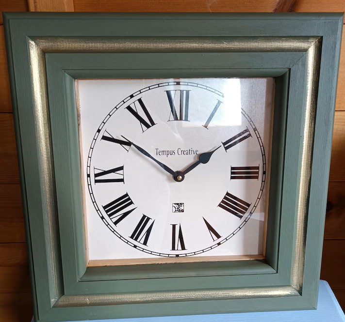 Handmade Wooden Clock.  Olive green with Gilt Details