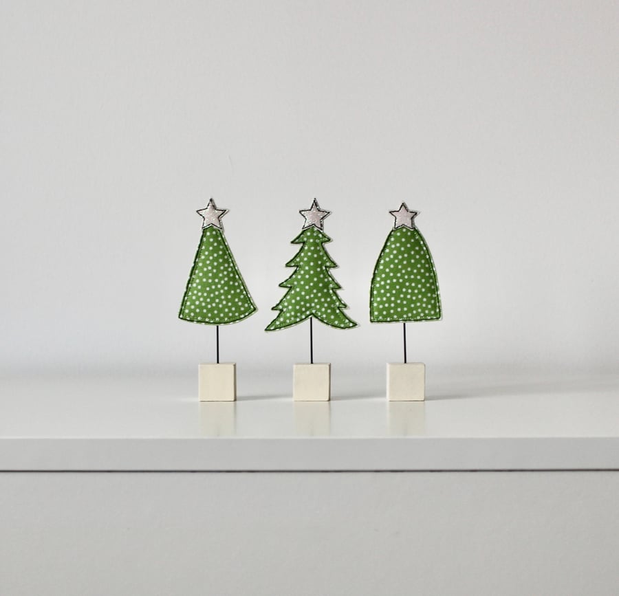 Three Christmas Trees with Painted Wooden Block Stands