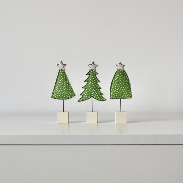 Three Christmas Trees with Painted Wooden Block Stands