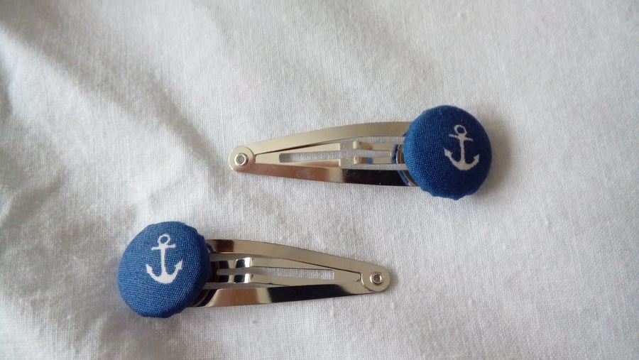 Nautical Anchor Design Fabric Covered Button Hair Clips 