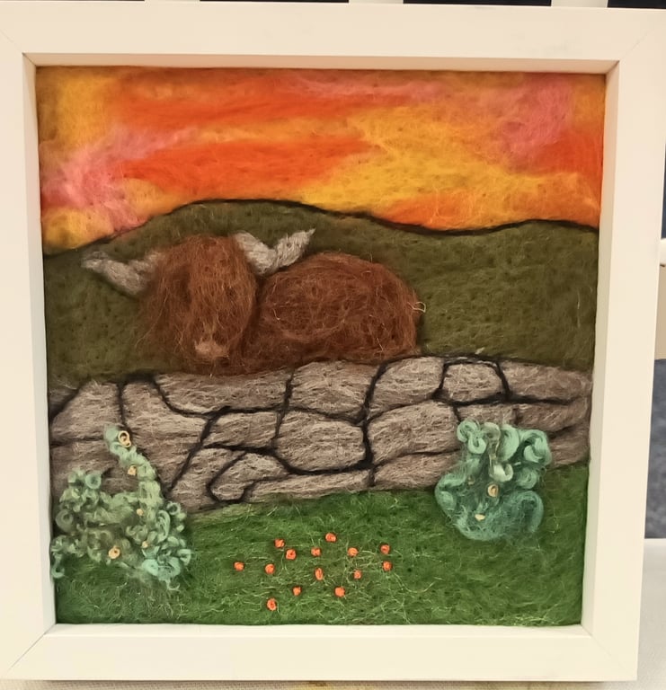 Needle felted and hand embroidered wool picture - Highland Cow