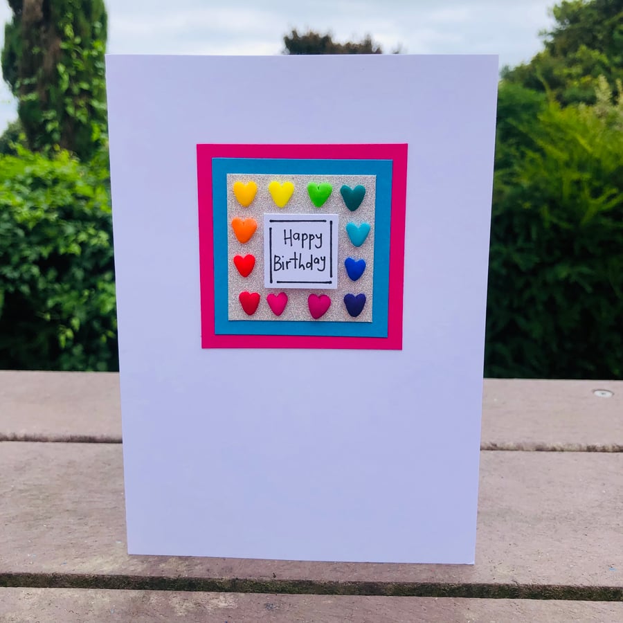 Rainbow coloured Hearts Happy Birthday Card