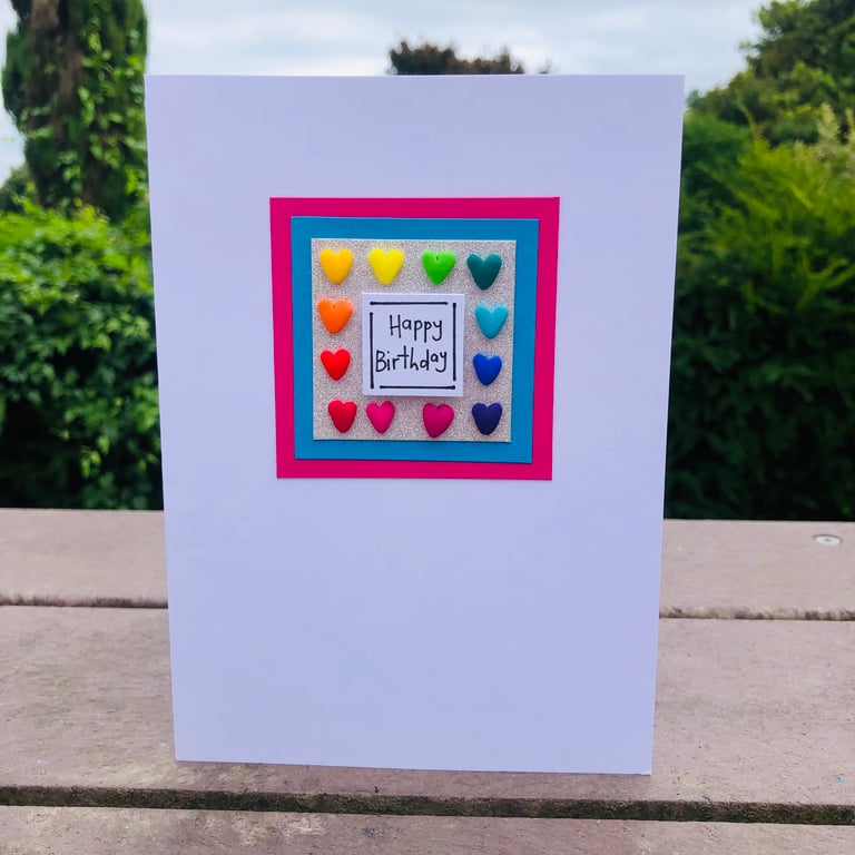 Rainbow coloured Hearts Happy Birthday Card