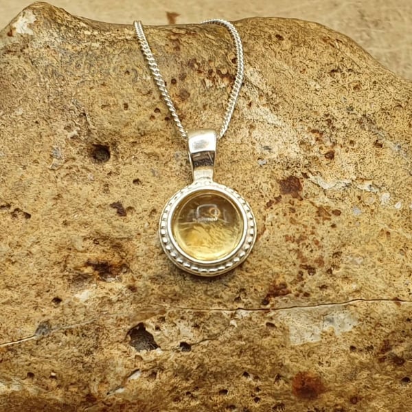 Tiny minimalist circle Citrine pendant necklace. November birthstone