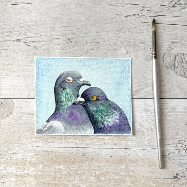 Original Pigeon Couple Painting - Mixed Media - One of a kind
