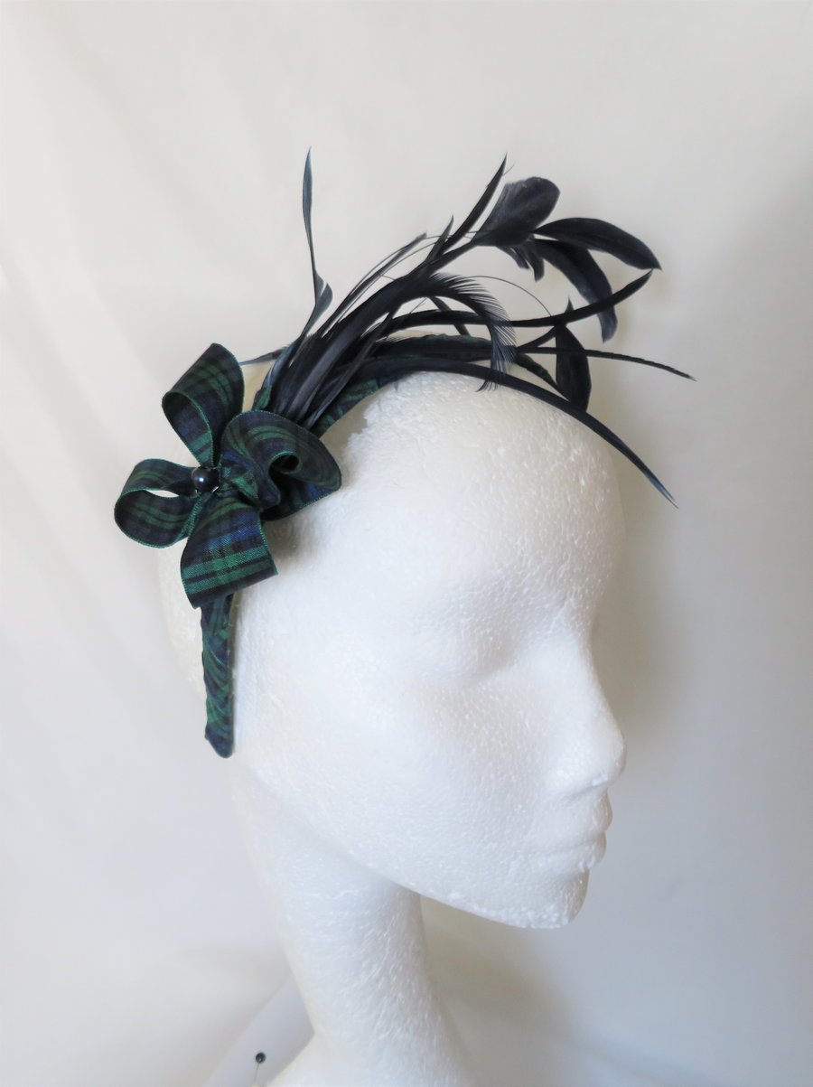 Navy Feather & Black Watch Tartan Head Band Fascinator