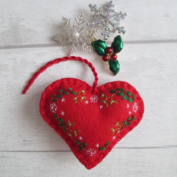 SOLD - Hand Embroidered Keepsake Heart Christmas Decoration - Holly & Mistletoe