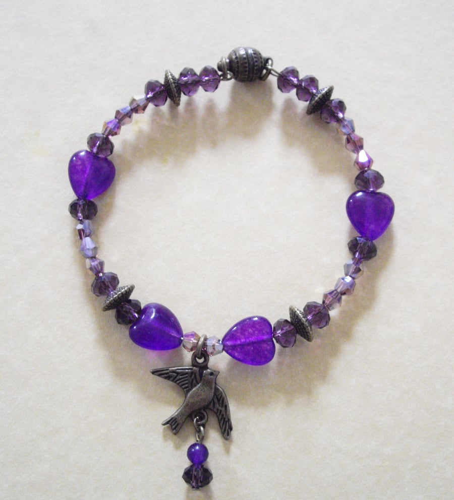Purple Amethyst Heart Bronze Tone Bead Bracelet with Bird Charm - UK Free Post