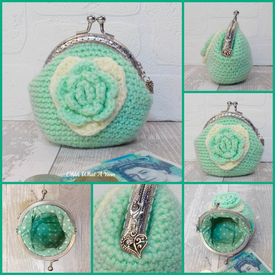 Mint green and cream crochet coin purse