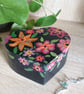 Wooden trinket box love heart shaped handpainted black with metallic flowers.  