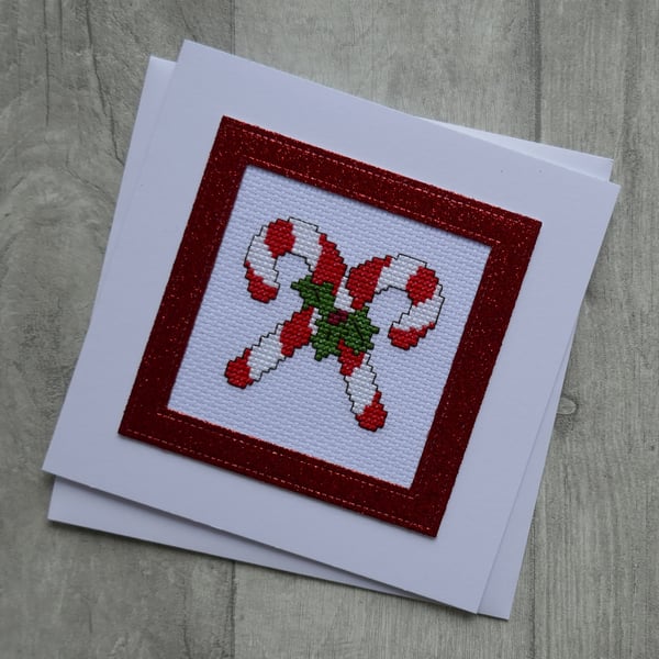 Cross Stitch Red and White Candy Canes With Holly - Christmas Card