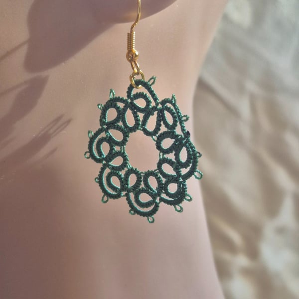 Forest Green Handmade Tatting Lace Earrings – Gold Tone Dangle Earrings
