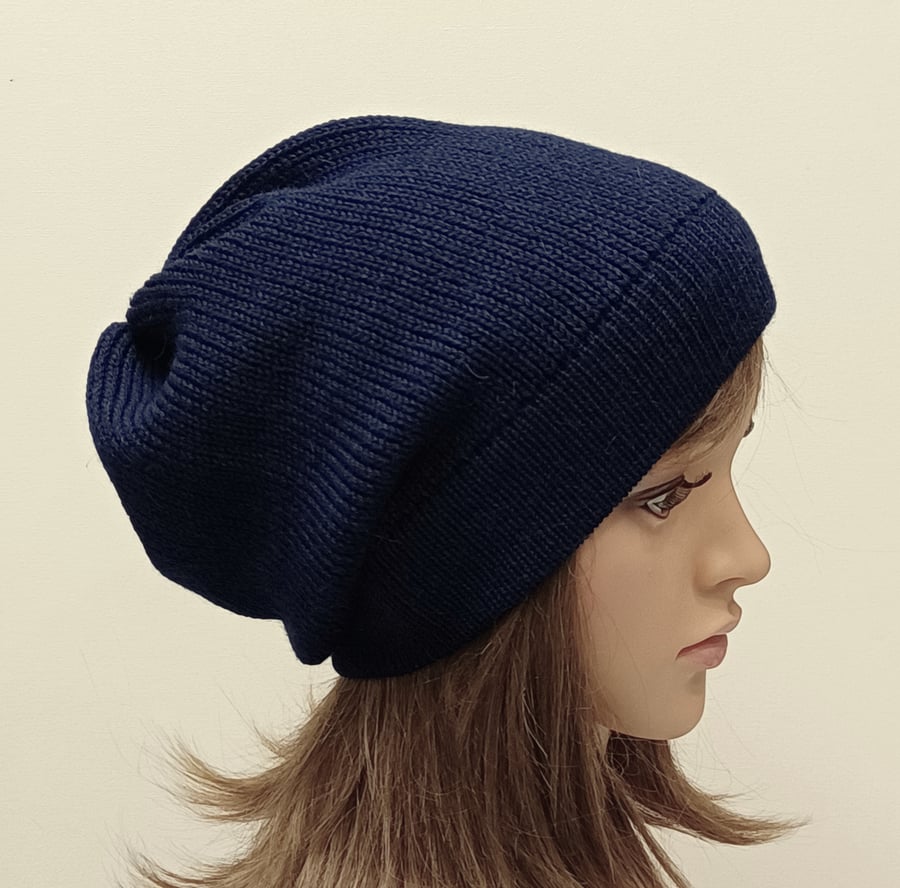 Handmade baggy beanie, navy blue knitted alpaca blend beanie hat, slouchy beanie