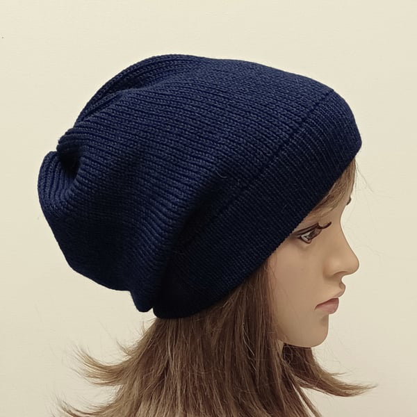Handmade baggy beanie, navy blue knitted alpaca blend beanie hat, slouchy beanie