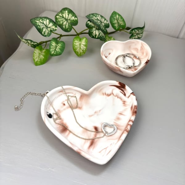 Blush Marbled Heart Trinket Dish Set - Ceramic Ring Tray