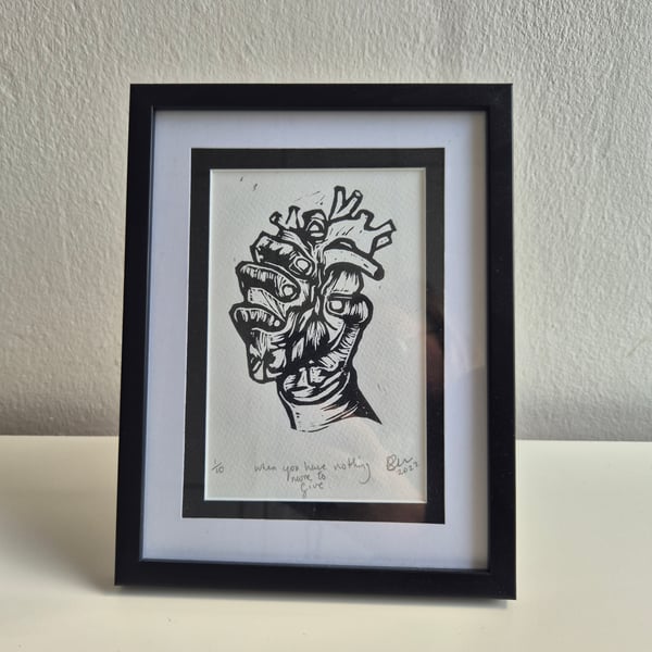 'When you have nothing more to give' Lino print. 1st eddition.