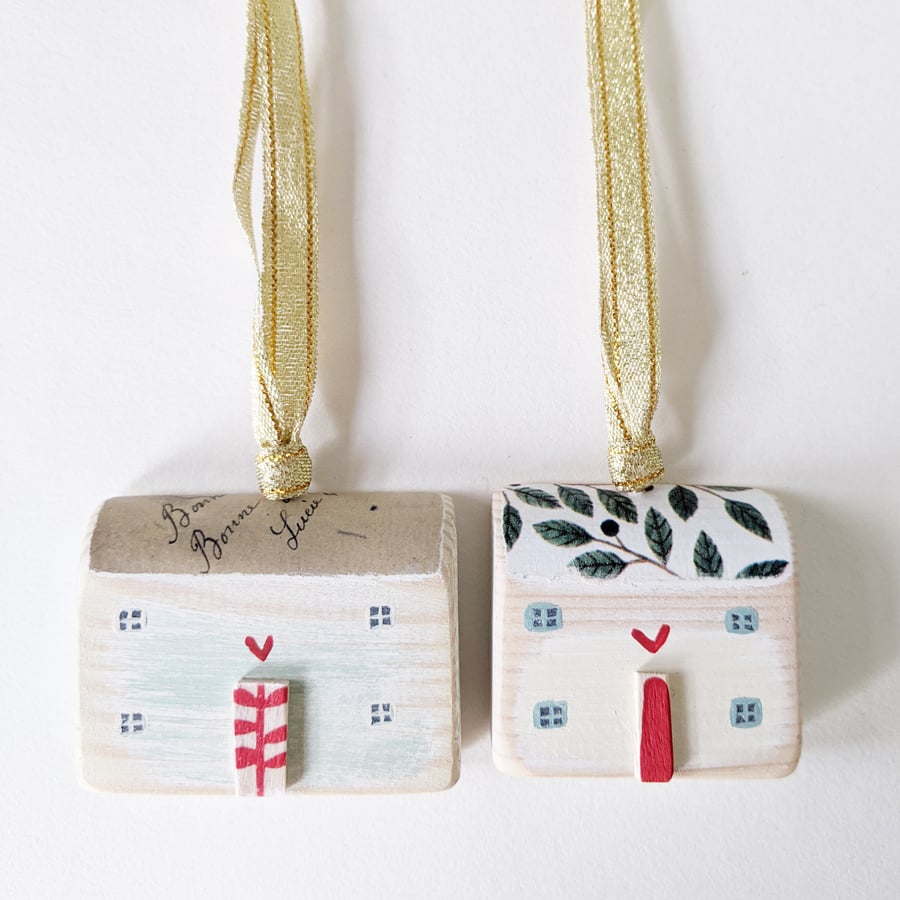 Set of 2 Painted Christmas House Hanging Decorations Blue and White