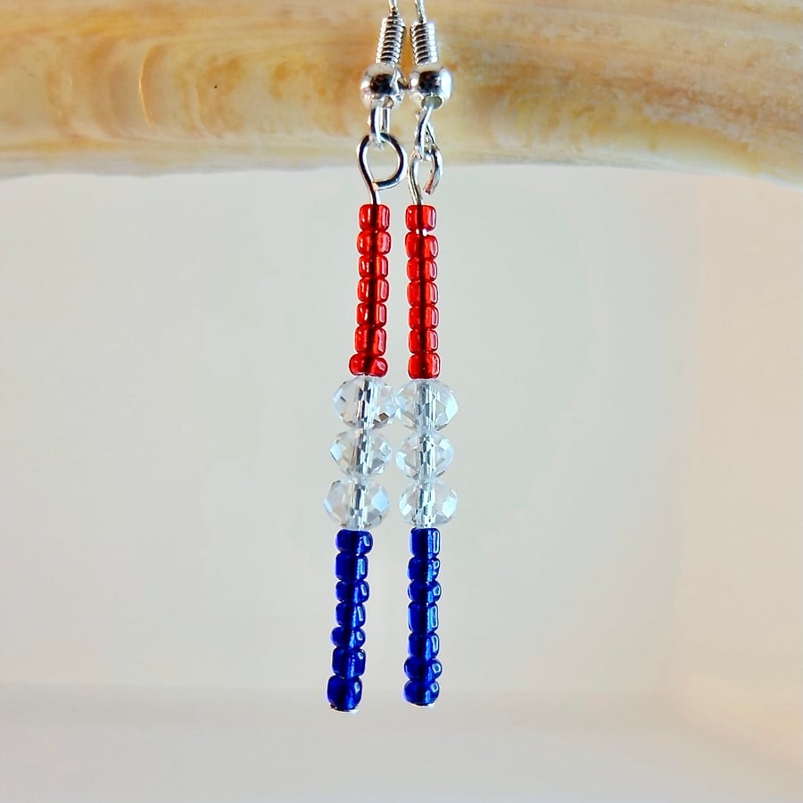  Red, White & Blue Coronation Earrings - Sparkly Glass And Silver Plated Wires