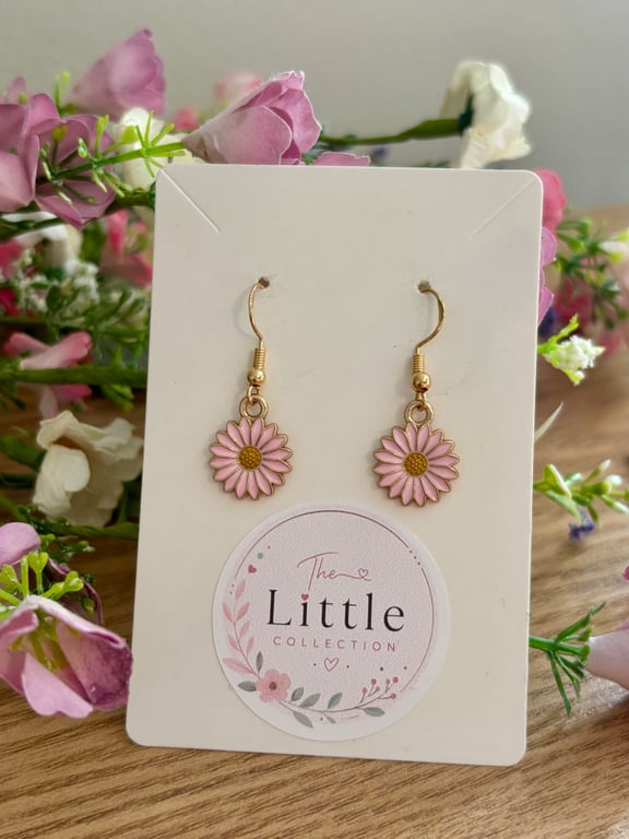 Pink  Flower Dangle Earrings, Enamel Floral Charms, Handmade Jewellery
