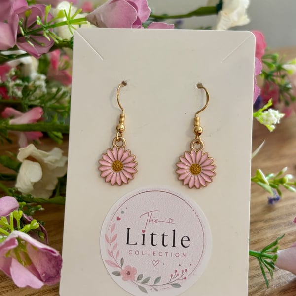 Pink  Flower Dangle Earrings, Enamel Floral Charms, Handmade Jewellery