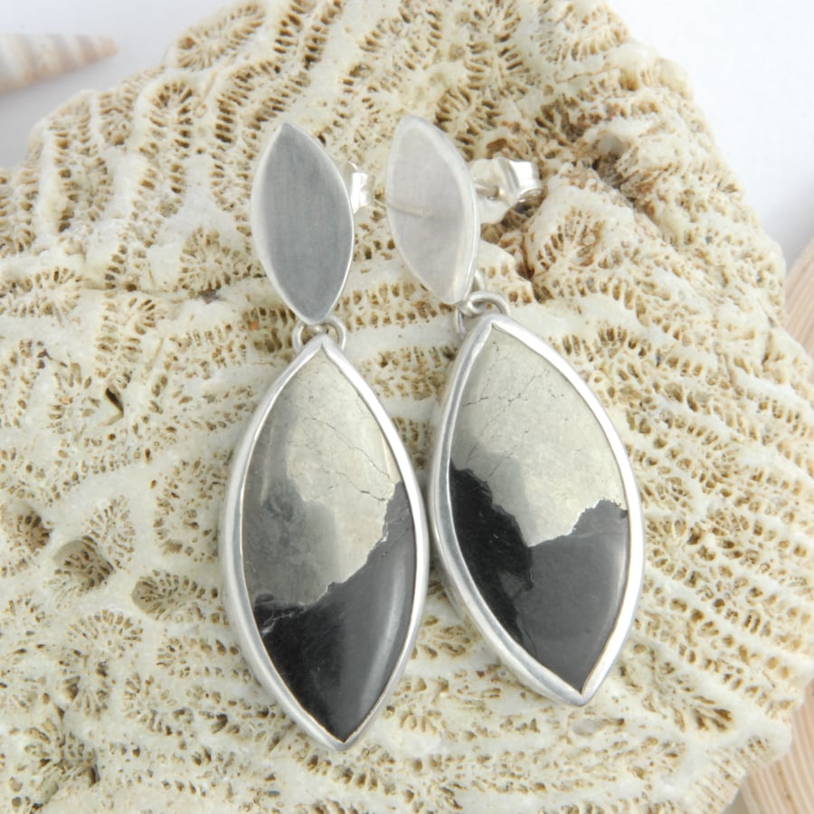 Obsidian, pyrite and sterling silver drop earrings