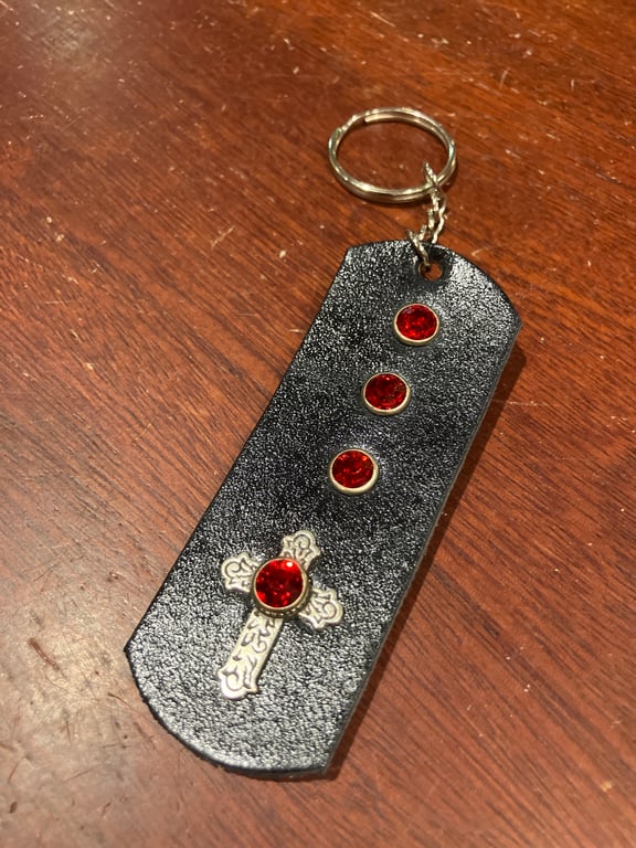 Black dyed Leather Keyring with 4 Red Gemstones & Catholic Cross- FREE SHIPPING