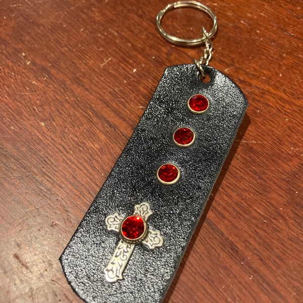 Black dyed Leather Keyring with 4 Red Gemstones & Catholic Cross- FREE SHIPPING