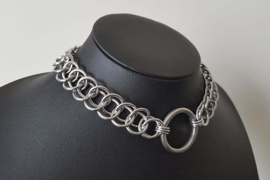 Extra Wide O-Ring Statement Chain Choker - Stainless Steel Chainmail Collar
