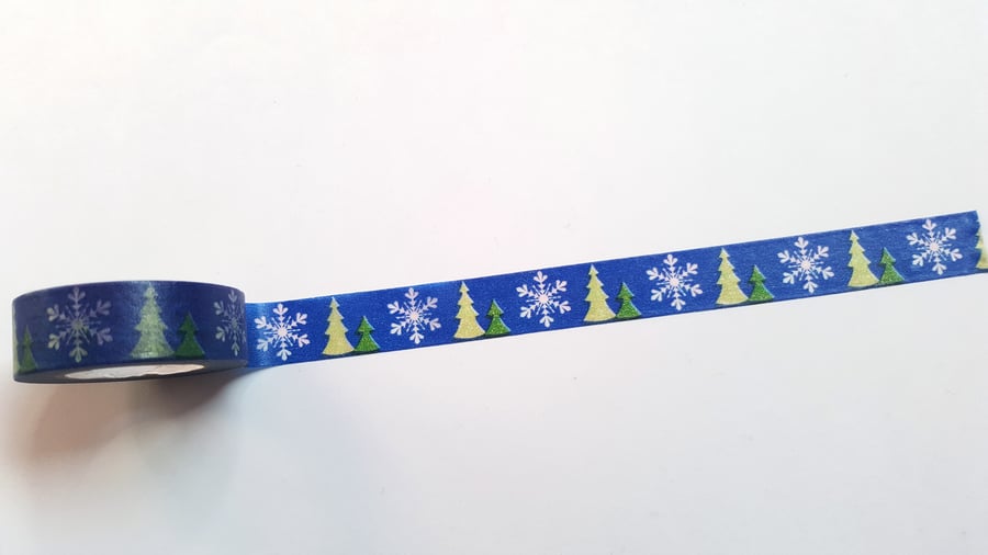 1 x 10m Roll Adhesive Craft Washi Tape - 15mm - Snowflakes & Trees - Blue