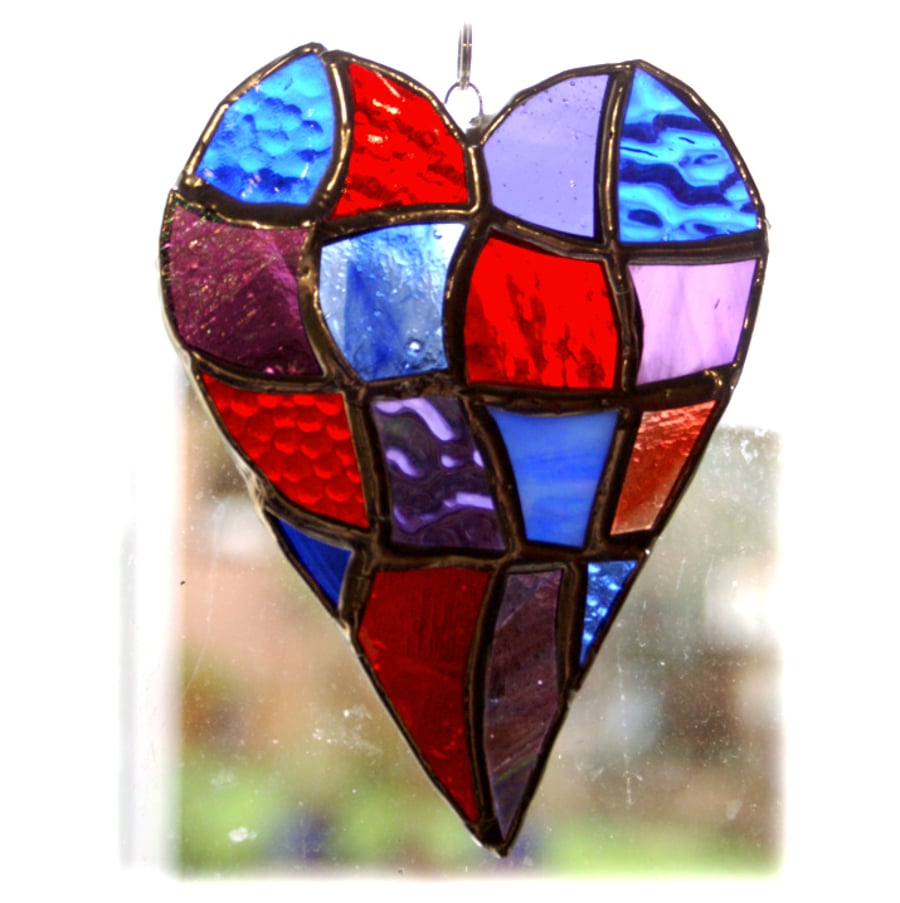 SOLD Patchwork Heart Suncatcher Stained Glass Handmade Red Purple Blue