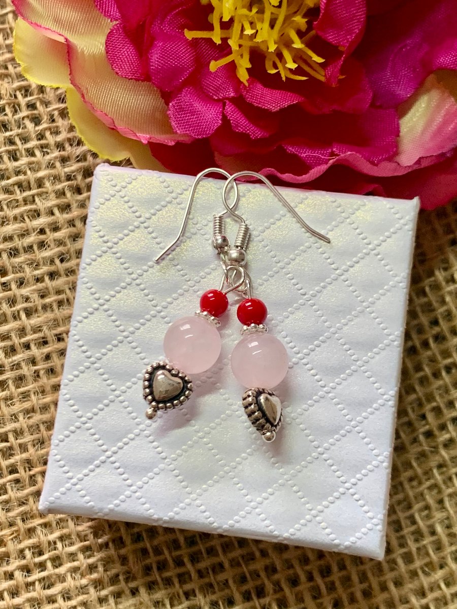 Rose Quartz and Heart Earrings