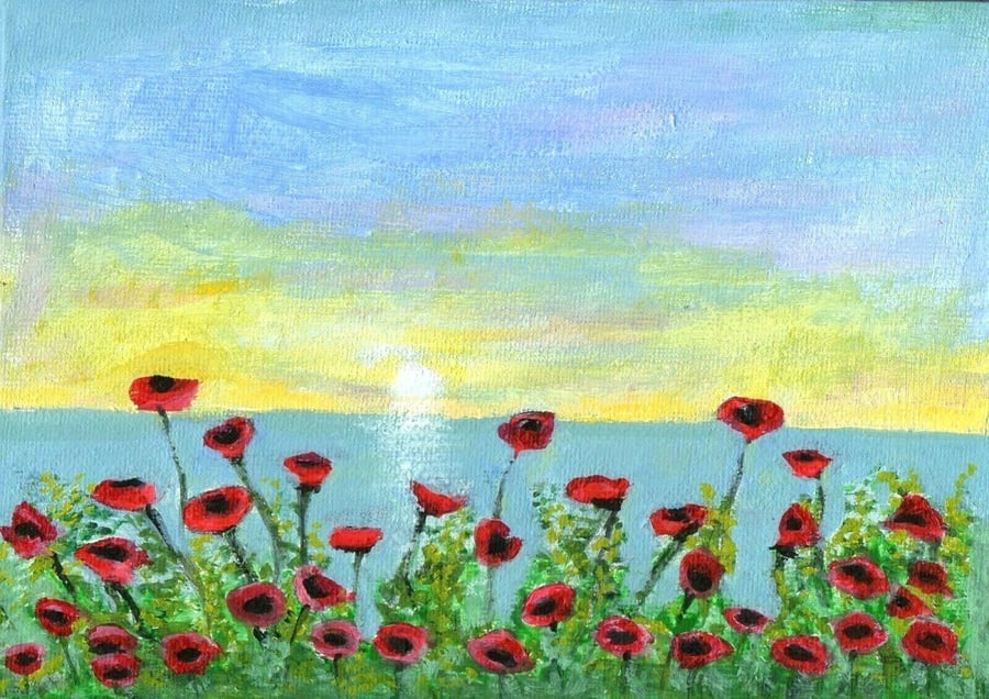 Original Poppies at Sunset Art Acrylic Painting on Canvas Board